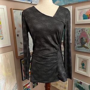 Cache Metallic Ruched Asymmetrical Long Sleeve Top M Going Out y2k Glam Disco